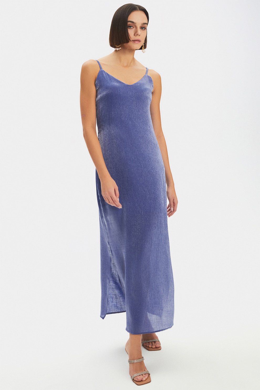 June, Rochie lunga cu slituri laterale, Albastru deschis, 40