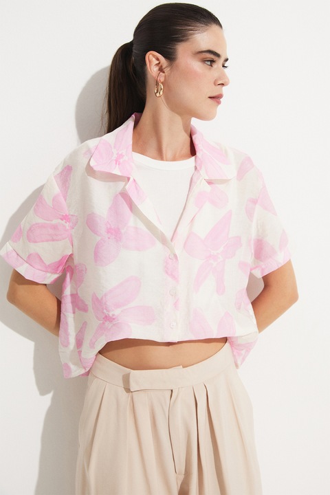 June, Camasa cu model floral, Alb/Roz pastel, L