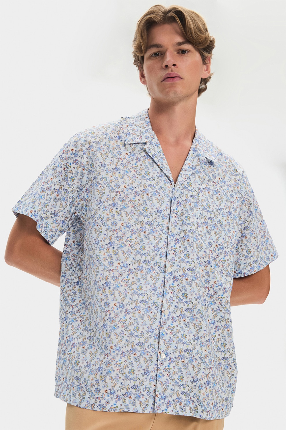 June, Camasa de bumbac cu imprimeu, Alb, Albastru deschis, S