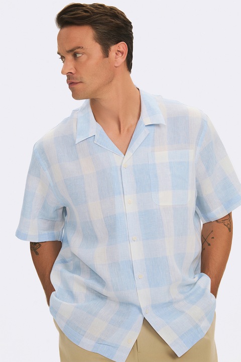 June, Camasa supradimensionata cu imprimeu in carouri si maneci scurte, Albastru deschis/Crem