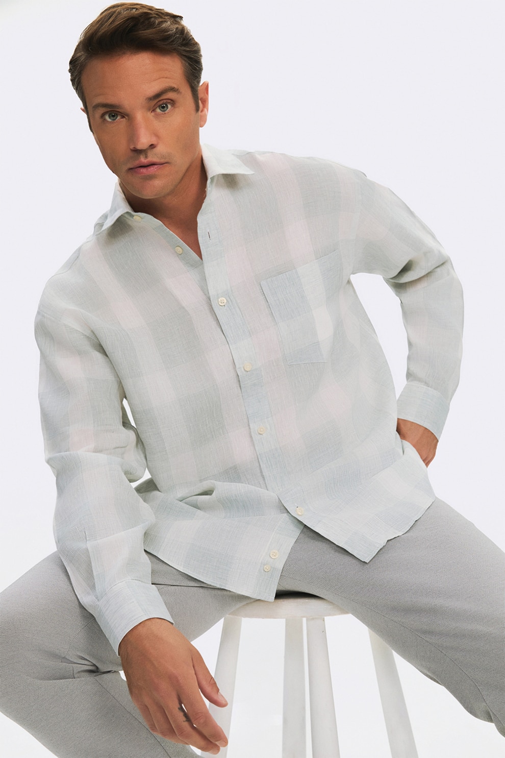 June, Camasa in carouri cu guler ascutit, Verde pal, Crem, S