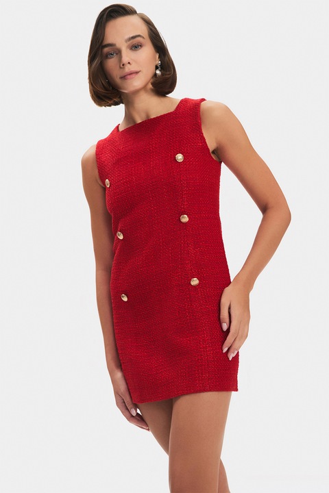 June, Rochie mini din tuid cu nasturi, Rosu