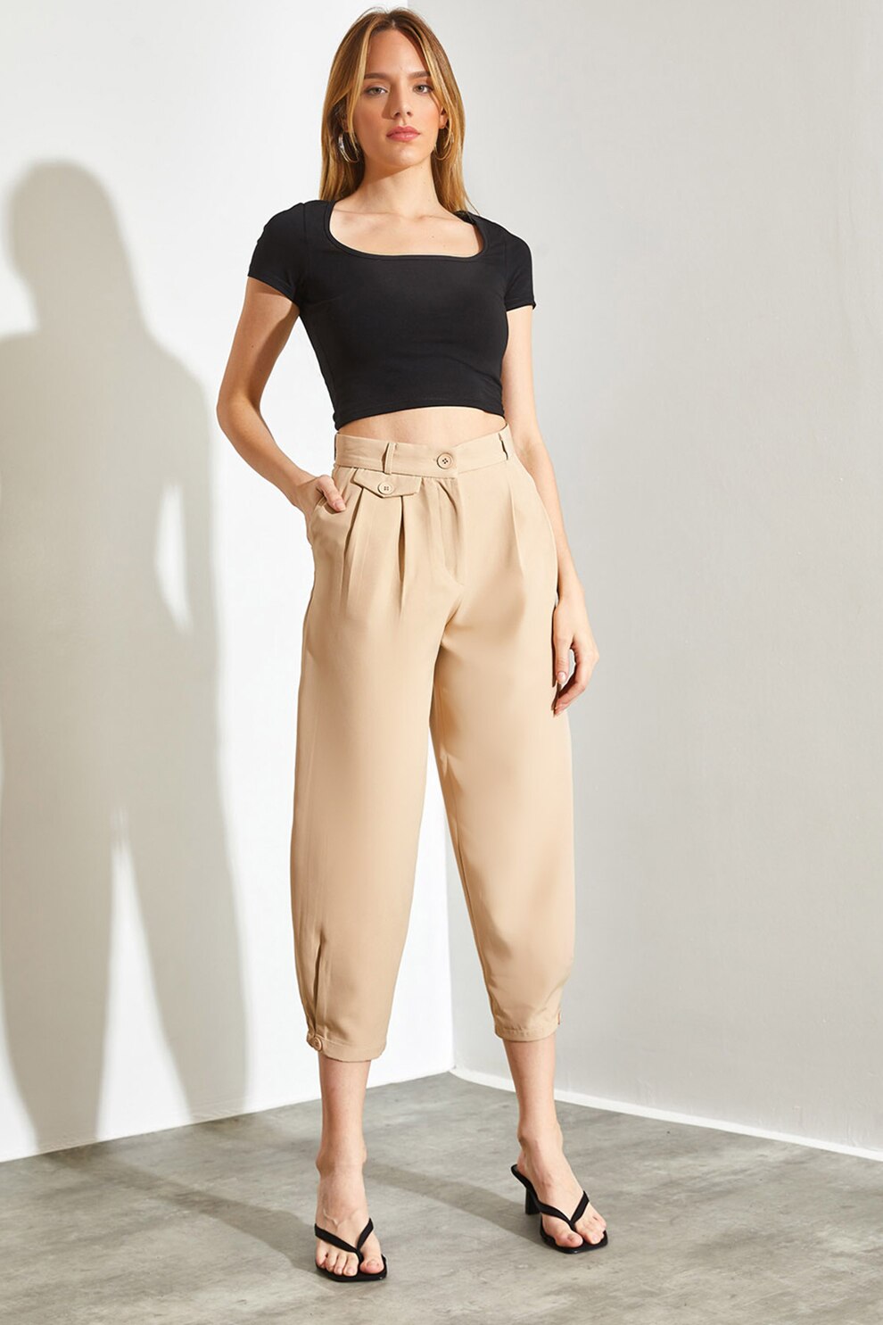 Shade, Pantaloni crop cu buzunare si croiala relaxed-fit, Bej, L