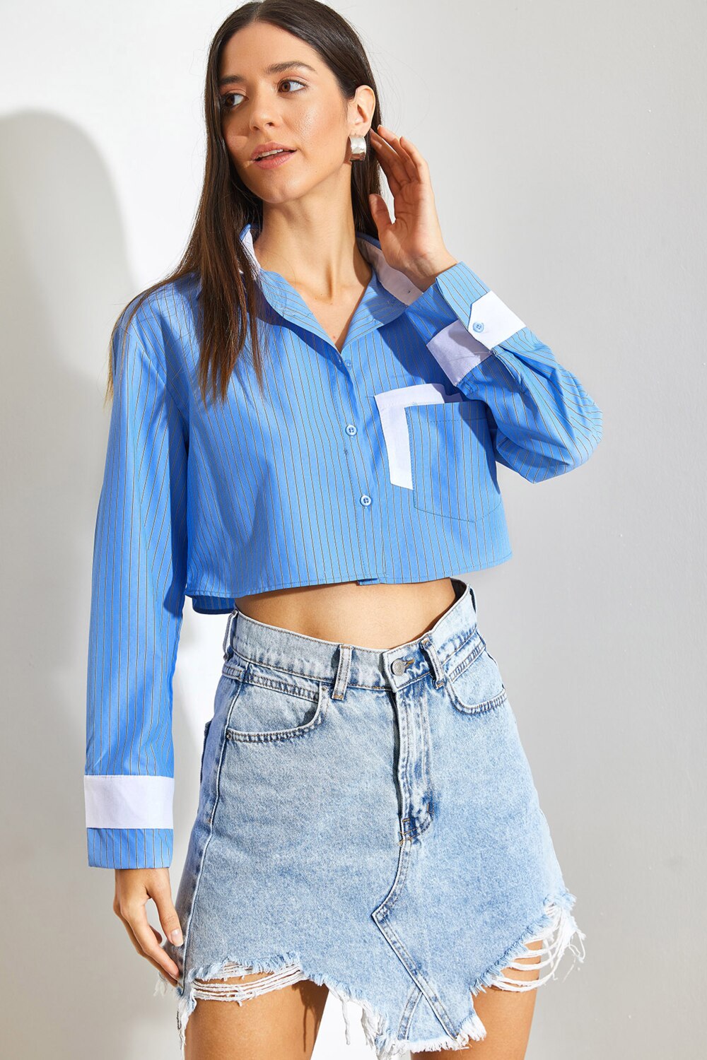 Shade, Camasa crop cu maneci lungi, Alb, Albastru deschis, 40