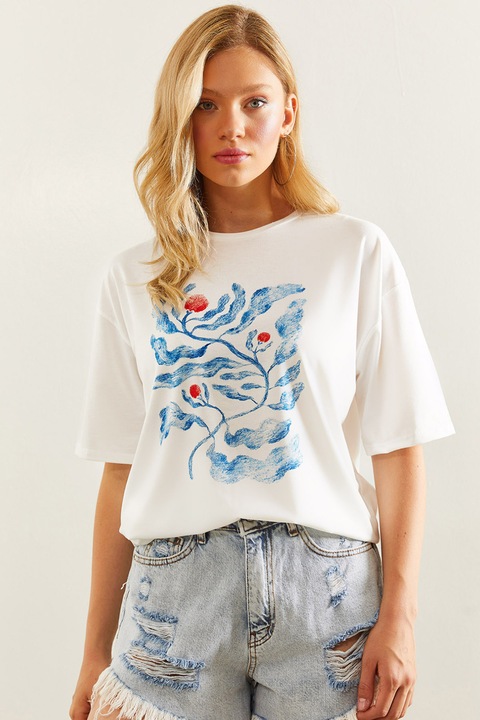 Shade, Tricou cu decolteu la baza gatului si model floral, Alb/Albastru, 38