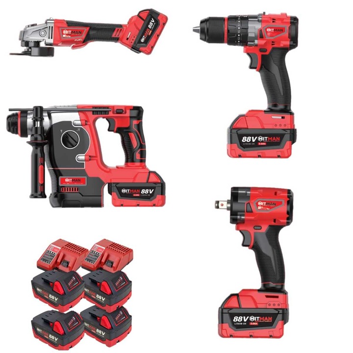 Set scule fara fir, Hitman HT-M18-6829XC, Polizor unghiular, Masina de gaurit cu impact, ciocan rotopercutor