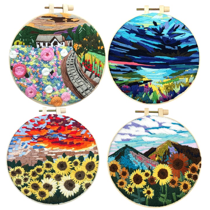 Set kit broderie, Enforose, 4 tesaturi cu modele, 12 ace, 4 foi de instructiuni, 15 cm cerc de broderie