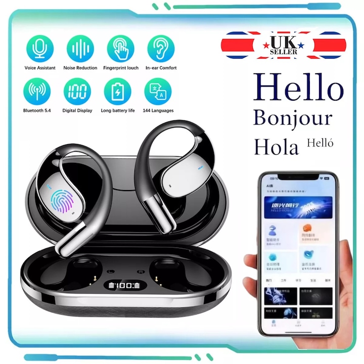 Casti Ai Casti wireless cu traducere AI, 144 limbi, mod dual, Bluetooth 5.4 ...