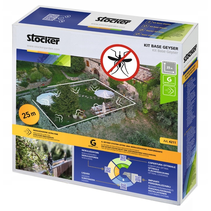 Основен комплект Stocker за пръскачки Geyser, 25m маркуч, 10 дюзи, 10 конектора, 3 капачки, 5 монтажни скоби
