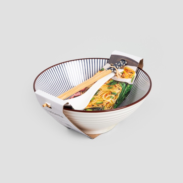 Bol cu betisoare si lingura ceramica, Homla, 21cm, Alb/Albastru