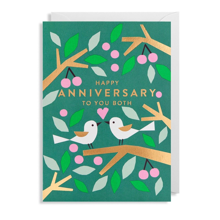 Felicitare aniversara Lagom, ilustratie cu pasari, verde, 10,9x15,5cm