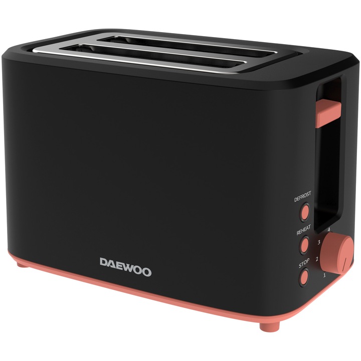 Тостер Daewoo DBT70B_M, 700 W мощност, Функция за претопляне, размразяване, Светлинен индикатор, Тава за трохи, Място за съхранение на кабела, Електронен контрол на запичането, Корпус Cool Touch, Черен