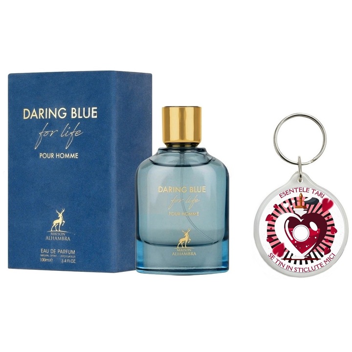 Set Apa de parfum Alhambra Daring Blue For Life, Unisex, 100 Ml cu Breloc "Esentele tari se tin in sticlute mici"