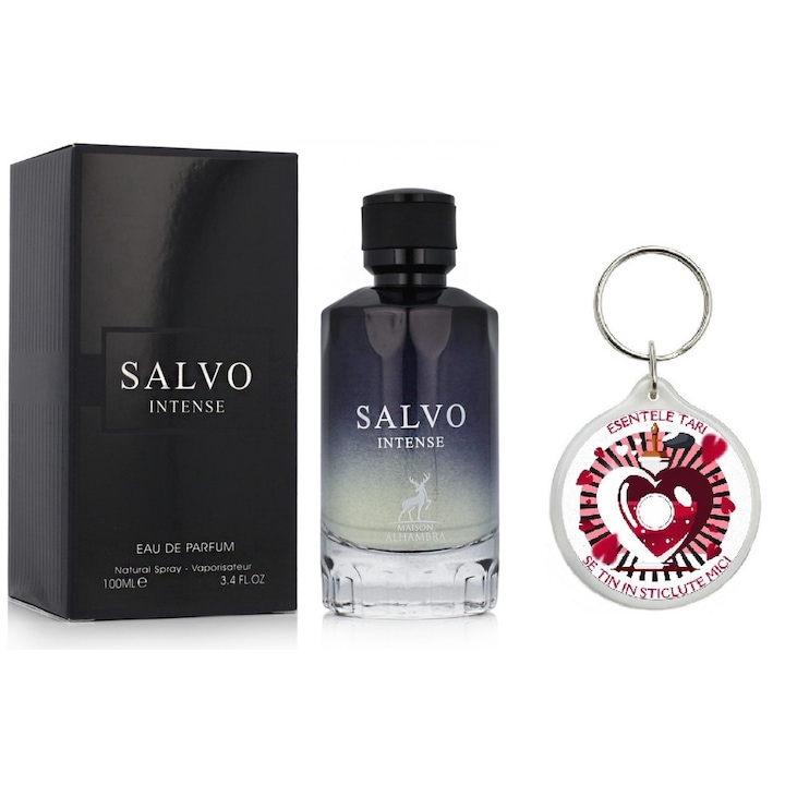Set Apa de parfum Salvo Intense Barbati 100Ml cu Breloc "Esentele tari se tin in sticlute mici"