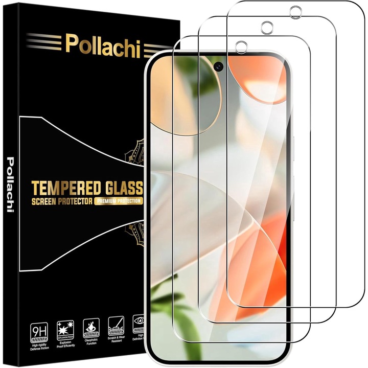 Set 3 folii de sticla pentru protectia ecranului, Pollachi, compatibile cu Google Pixel 9/9 Pro, Anti-Zgarieturi, Anti-Amprente