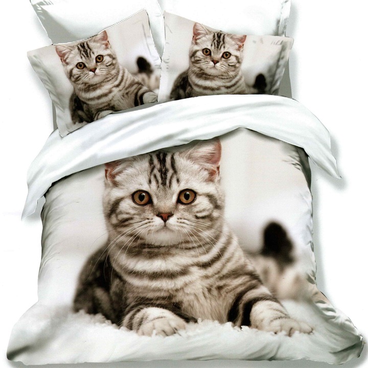 Finet 3D pamut franciaágynemű 6 db 220 x 240 cm, macska, fehér, kénes FN3D80