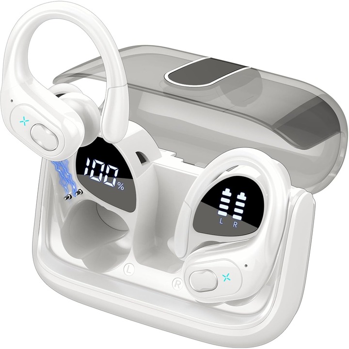 Vezeték nélküli Bluetooth headset, vezeték nélküli, digitális kijelző, Bluetooth 5.3, aktív zajszűrés, 45 óra üzemidő, HD mikrofon, érintés/érintésvezérlés, IPX5, Fehér