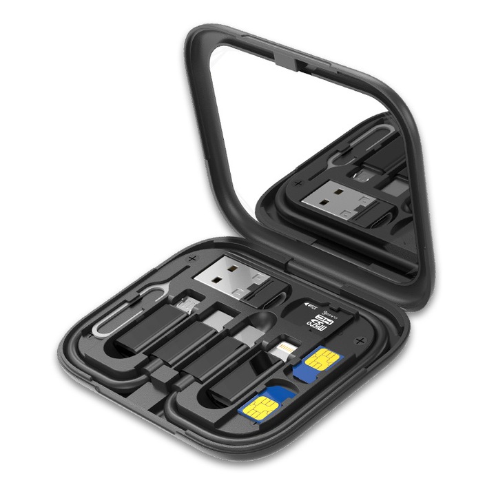Кабел за данни и зареждане 10 в 1, Type C to Type C, Micro, Lightning, USB to Type C, Micro, Щифт за SIM карта, държач за телефон, черно огледало
