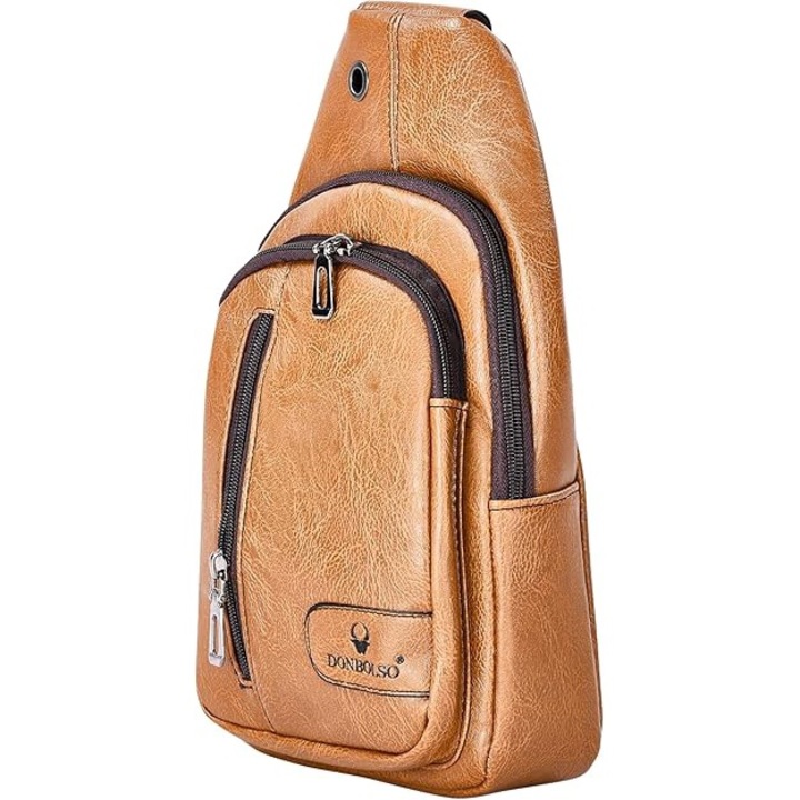 Borseta crossbody unisex, de umar sau de mana din piele, Donbolso, 3 compartimente, 30 X 16 X 10 cm, Maro