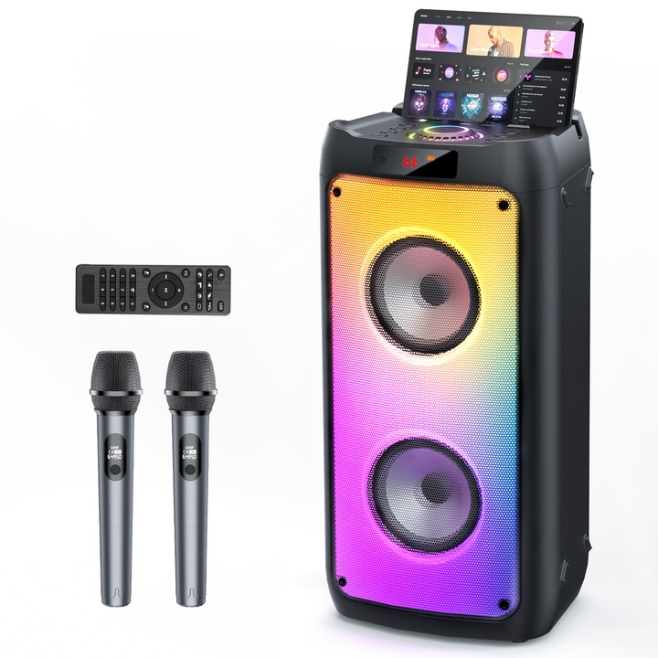 Boxa Portabila FanFun cu 2 Microfoane Wireless, pentru Petreceri, Lumini Disco, Negru, cantat karaoke masina sistem set