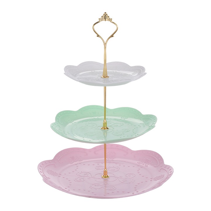 Tava, design cu trei straturi pentru depozitarea fructelor, prajiturilor si gustarilor, pol de culoare aurie, frumos si durabil