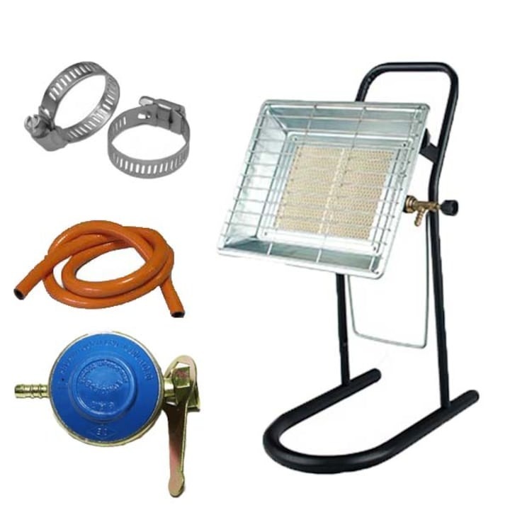 Gázégős tűzhely készlet, 3500 W + 2 m palacktömlő + 2 x tömlőbilincs + hengeróra + égőfej gázpalackokhoz, hordozható, Nurgaz Campion®