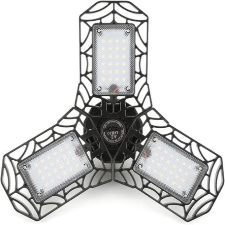 Lampa LED cu 3 brate mobile, HOZRO, putere 30W, 36 LED-uri, Bec Iluminare pentru interior Garaj/Depozit/Atelier, 3 aripi Pliabile, flux luminos 3000lm, Negru