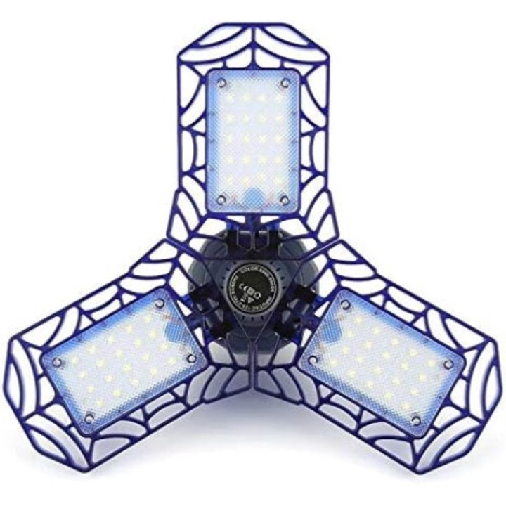 Lampa LED cu 3 brate mobile, HOZRO, putere 30W, 36 LED-uri, Bec Iluminare pentru interior Garaj/Depozit/Atelier, 3 aripi Pliabile, flux luminos 3000lm, Albastru