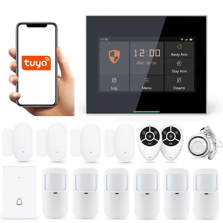 Безжична алармена система LCD 4.3" Wifi GSM, Onshop, Tuya Smart, 6x PIR, Черен