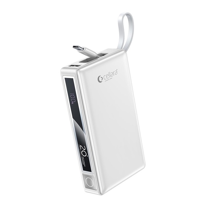 Baterie Externa Cellara Colectia Boost Capacitate 20000 Mah Pd 65w Cu Cablu Type C - Alb