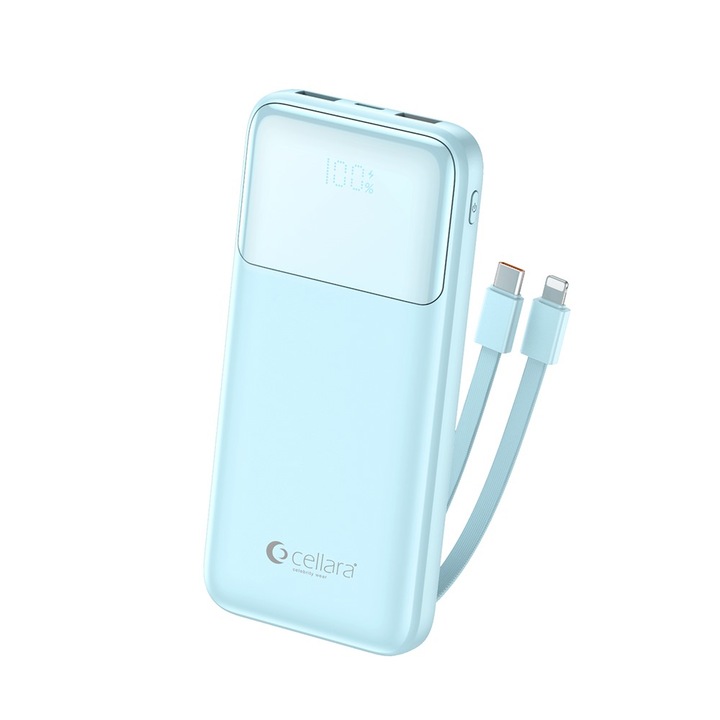 Baterie Externa Cellara Colectia Versa Pro Capacitate 10000 Mah Pd 22.5w Cu Cablu Type C/ 8 pini - Albastru Deschis