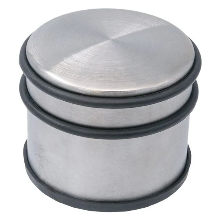 Стопер за врата ANGMAD, изработен от метал, с нехлъзгаща основа и елементи за защита на вратата (гумени халки), цвят: сребристо-черен, тегло: 1,1 кг, диаметър: 9,5 см, височина: 8 см