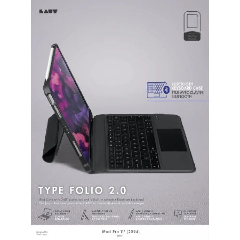 Husa cu tastatura Bluetooth detasabila pentru iPad Pro 11" 2024, Laut, protectie 360, suport ergonomic, negru