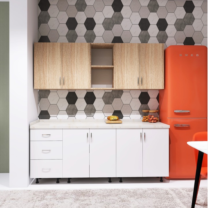 Bucatarie 200cm DARIA, Culoare ALB - SONOMA, Material PAL 18mm, Blat Termorezistent de 2,8 cm