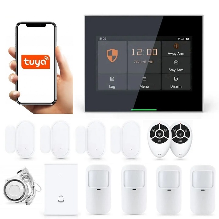 Безжична алармена система LCD 4.3" Wifi GSM, Onshop, Tuya Smart, 4x PIR, Черен