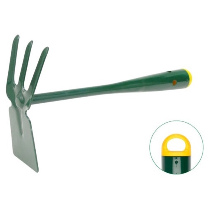 Standard kis szögletes kapa háromágú talajlazítóval, acél, műanyag sapkával, zöld, 29,5 cm