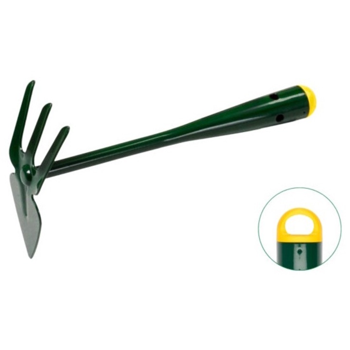 Standard kis szív alakú kapa háromágú talajlazítóval, acél, műanyag sapkával, zöld, 29,5 cm