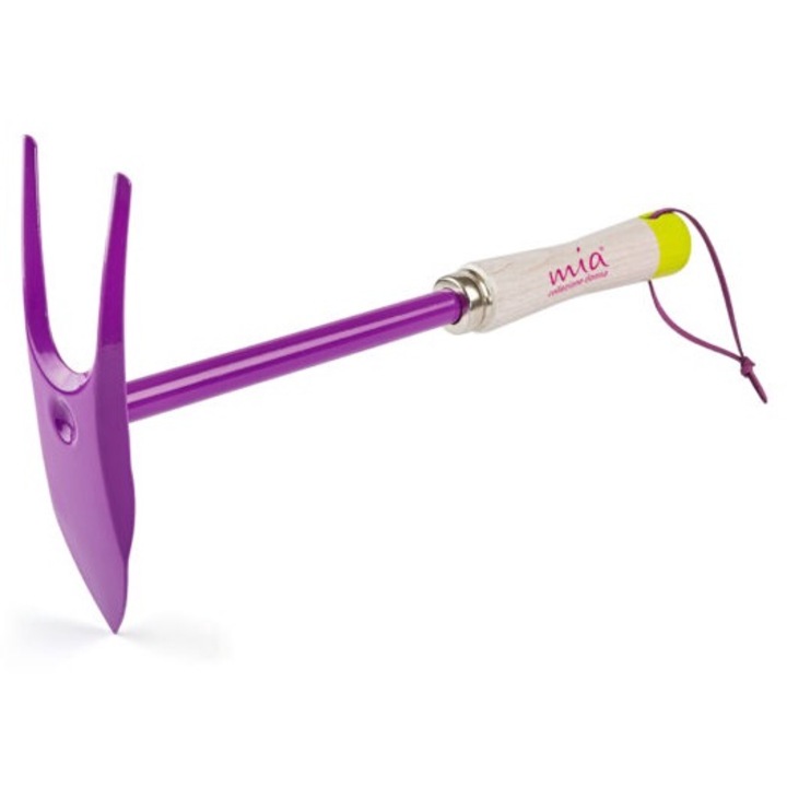 Mia szív alakú hegyes kiskapa illatosított fa nyéllel, kétágú talajlazítóval, acél, lila, 30 cm