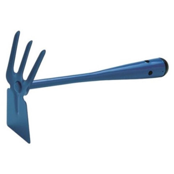 Hobby kis szögletes kapa háromágú talajlazítóval, acél, műanyag sapkával, kék, 29,5 cm