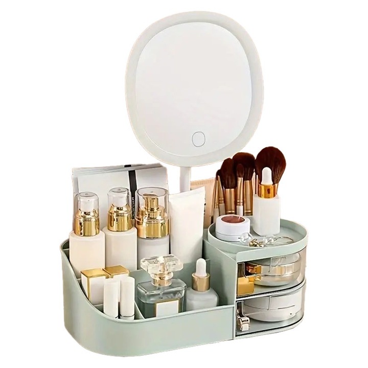 Органайзер за козметика, бижута, аксесоари и други артикули NEXTLY, подвижно и регулируемо огледало със сензорно управление, 3 режима на осветяване, разделено на отделения, 14x26x9cm S, зелен
