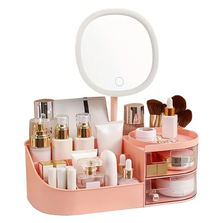 Organizator de cosmetice, bijuterii, accesorii si alte obiecte NEXTLY, oglinda detasabila si reglabila cu touch control, 3 moduri de iluminare, compartimentat, 15.5x28x9.5cm M, roz