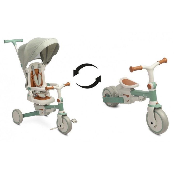 Tricicleta pentru copii Toyz Faro Verde multifunctionala, ultrapliabila, spatar reglabil, scaun moale rotativ, maner parinte detasabil si reglabil in 4 pozitii, centuri de siguranta, roti EVA, pedale detasabile, gentuta inclusa