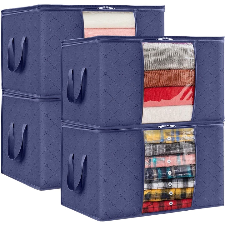 4x Organizator, capac, sac de depozitare pentru haine, paturi, lenjerie de pat, plapume, BAGGI, albastru marin set de 4 buc
