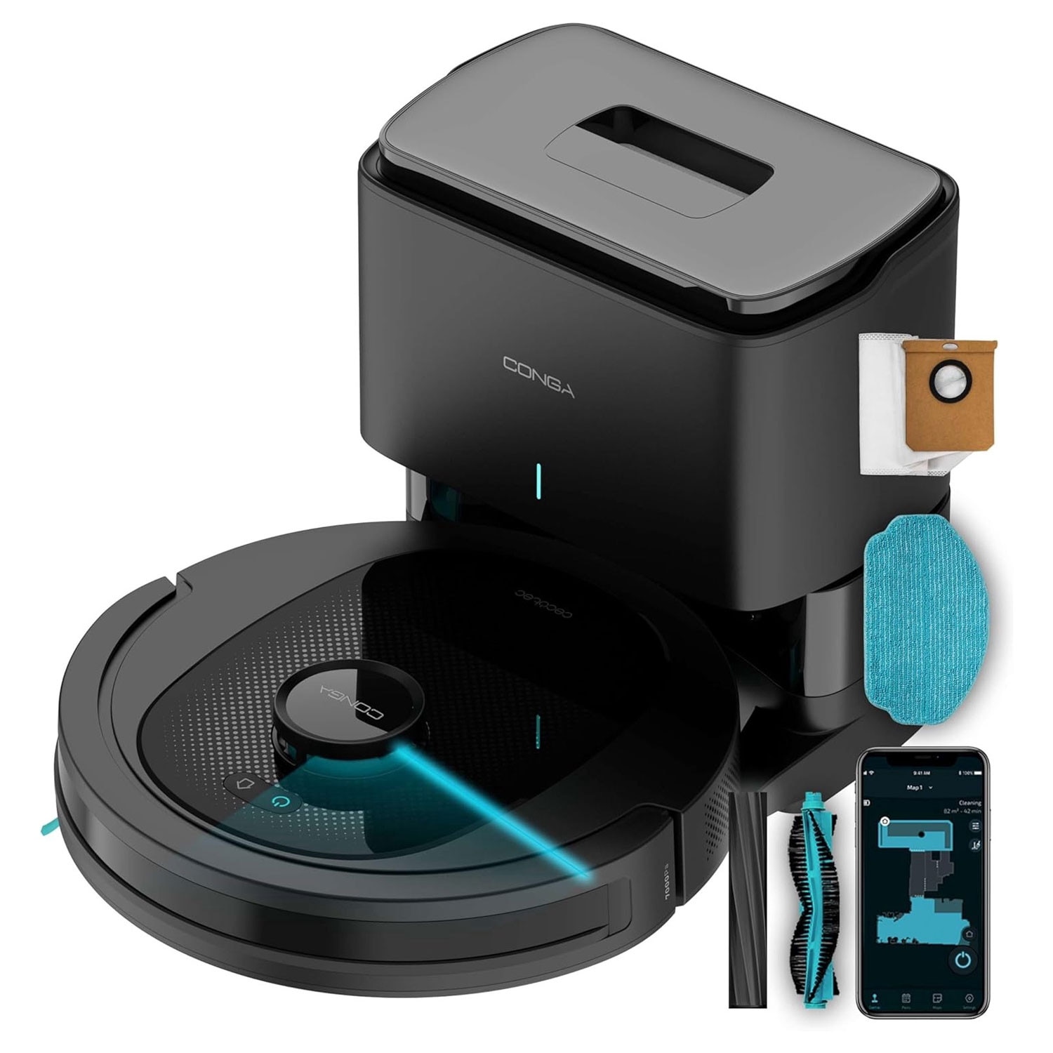Robot de aspirare Conga 8490 Ultimate Ultra, 4 in 1, 7000 Pa, Laser, Autonomie 170 minute, 2 perii centrale, Functie mop, baza autocuratare
