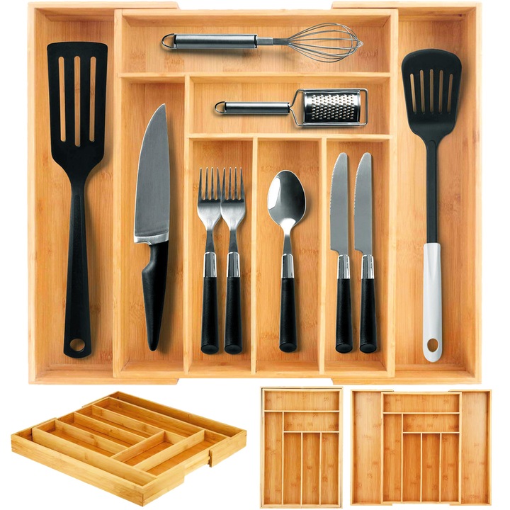 Бамбукова разтегателна поставка за прибори и кухненски прибори, за организиране на чекмеджета, с 8 разтегателни отделения, голяма, 33,5-55 СМ