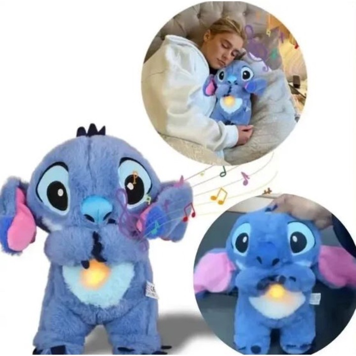 Jucarie de plus Stitch, din Lilo & Stitch, care imita respiratia si ii lumineaza inima, albastru