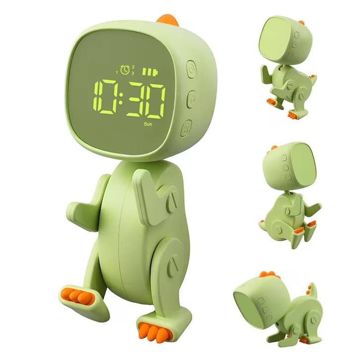 Ceas Multifunctional cu LED, Forma de Dinozaur Transformabila, cu Lumina de Noapte, 3 Setari de Alarma si Functia Snooze, Luminozitate Reglabila, 5 Nivel de Volum, 6 de Melodii, Verde