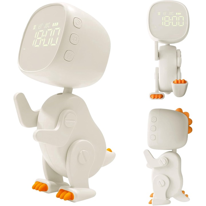 Ceas Multifunctional cu LED, Forma de Dinozaur Transformabila, cu Lumina de Noapte, 3 Setari de Alarma si Functia Snooze, Luminozitate Reglabila, 5 Nivel de Volum, 6 de Melodii, Bej