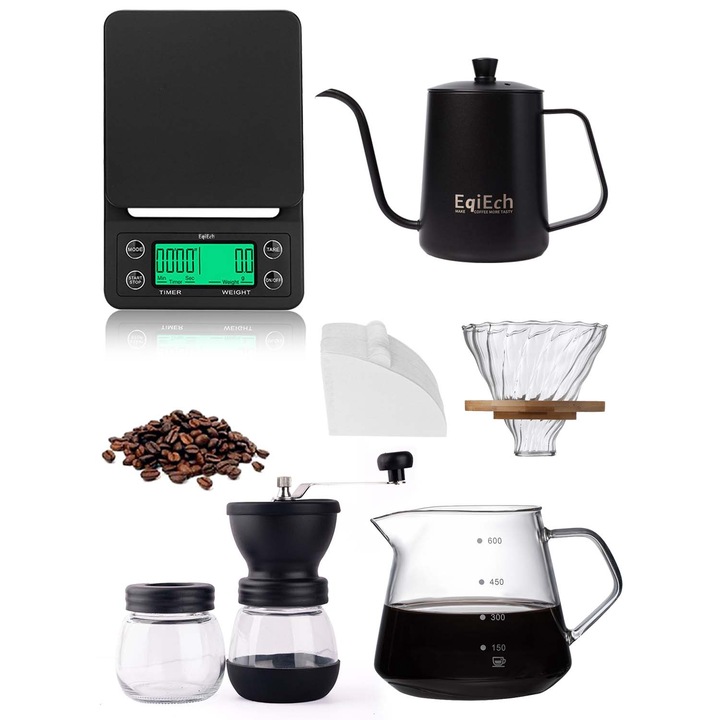 Set preparare cafea EqiEch, 6 in 1, cana sticla 600ml, rasnita manuala, cantar digital, 100 foi filtru