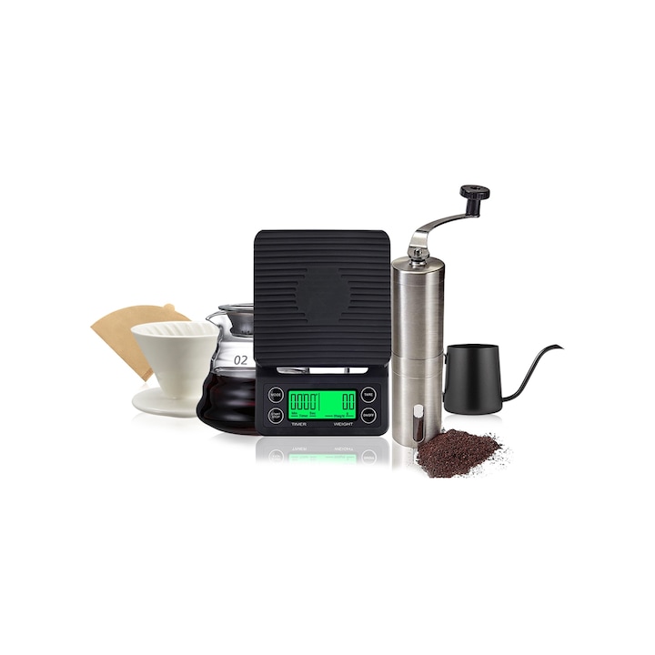 Set de cafea, EqiEch, 6 piese, filtru de hartie, cantar digital, recipient din sticla 600ml, rasnita din inox